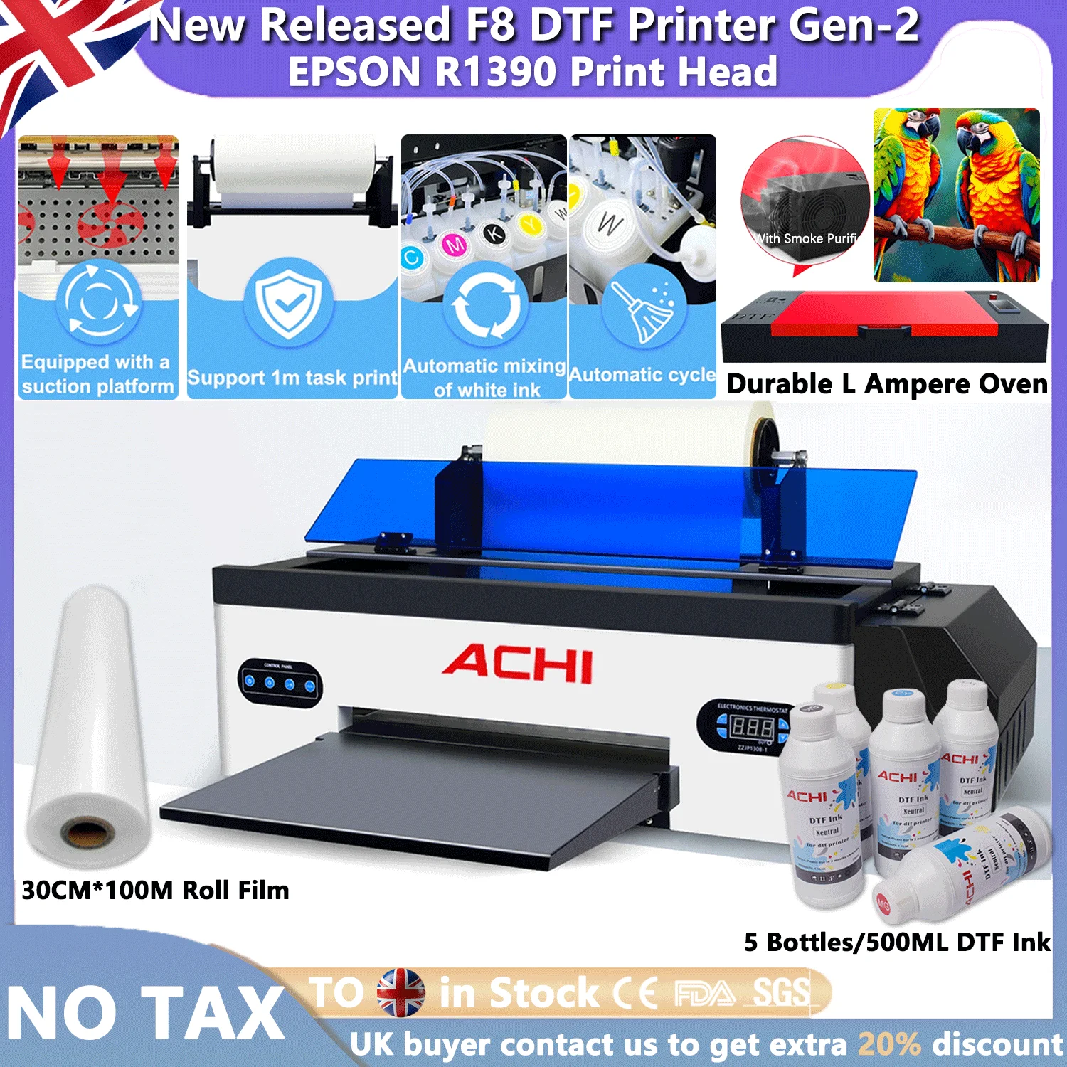 

ACHI A3 DTF Printer & DTF Ink Rollflim Oven High Printing Accuracy R1390 Printer Fabric Clothes Printing Flatbed Heat Transfer