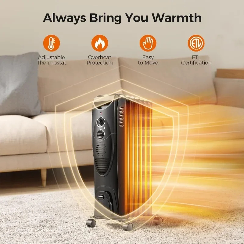 Kismile Portable Electric Radiator Heater, Oil Filled with 3 Heat Settings, Adjustable Thermostat Overheat & Tip-Over Protection