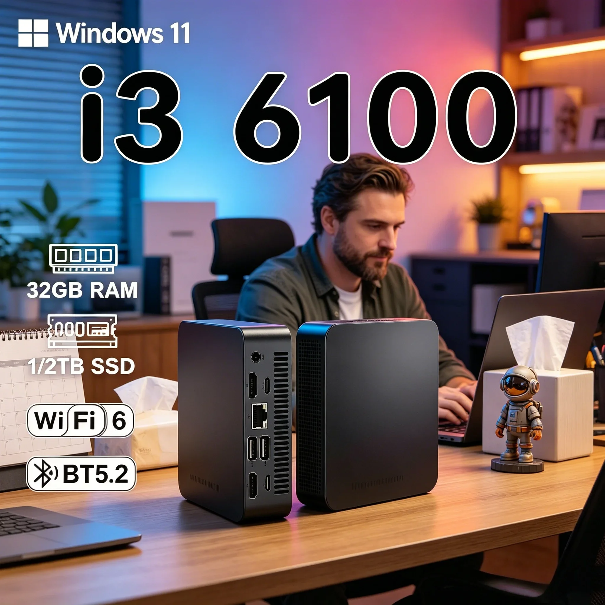 High Speed Intel I3 6100 Mini PC 32GB RAM Win11 Pro WIFI6 Bluetooth5.2 Household Office Learning Mini Computer