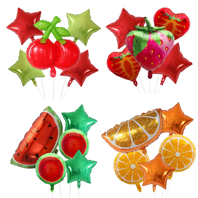 Lot de 5 Ballons en Aluminium à l'Hélium en Forme de Fruits 18'' (Pastèque, Kiwi, Fraise, Orange, Ananas) – Décorations de Fête Estivale, Jouets pour Enfants