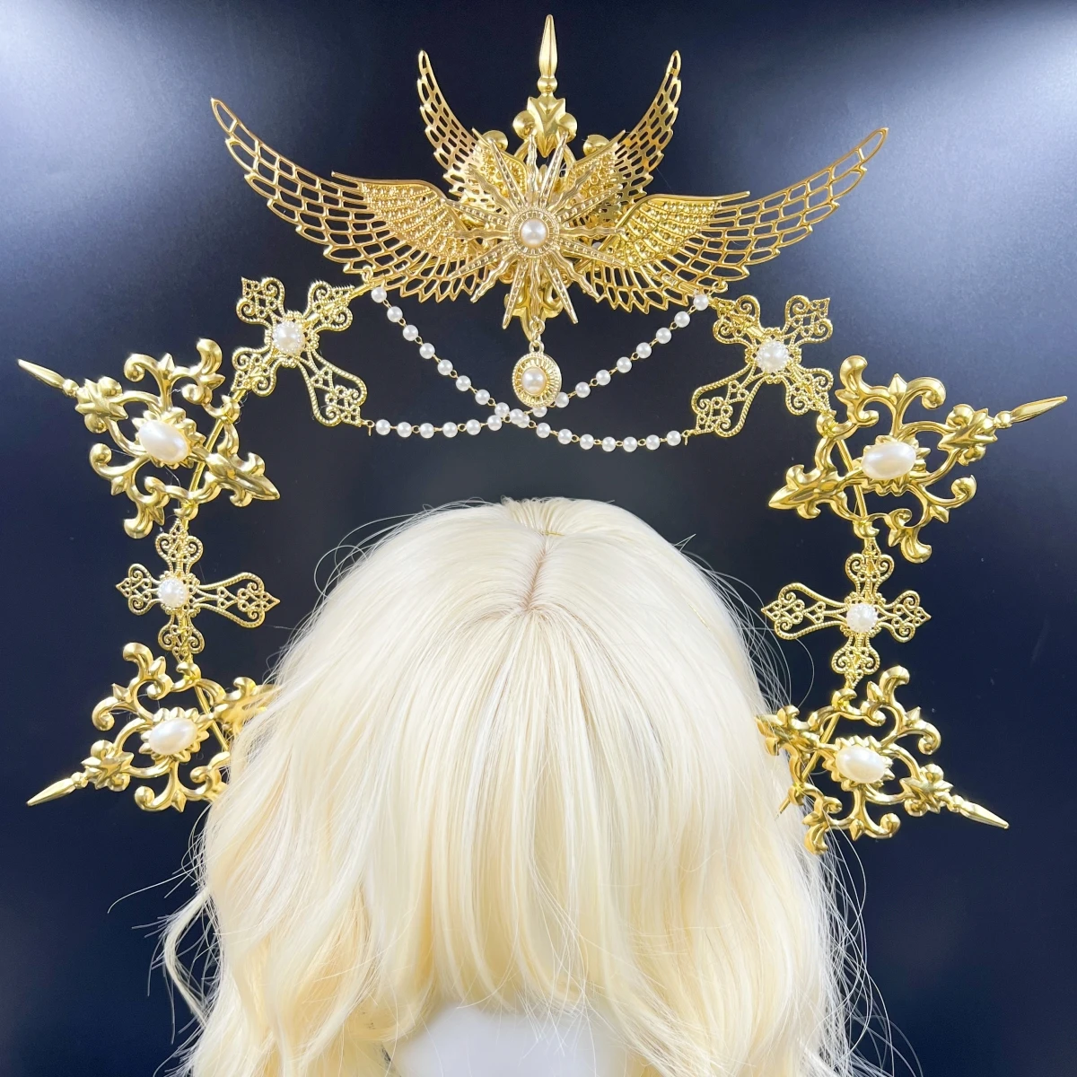 Gothic Lolita Faux Pearl Tiara, Halo Crown, Mary Goddess Headband, Cosplay Costume, Headpiece