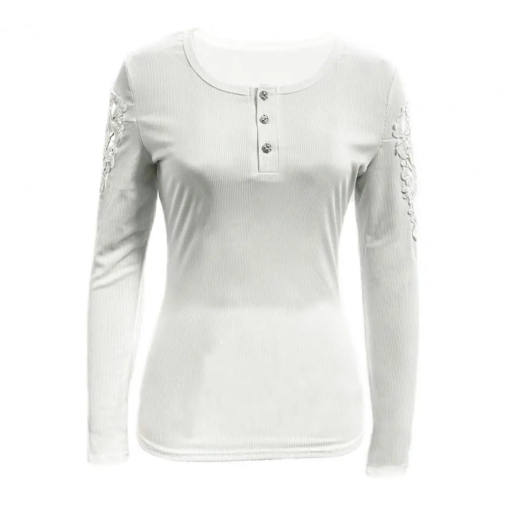 Soft Blouse Elegant Lace Patchwork Women's Pullover Slim Fit Round Neck T-shirt Spring Fall Long Sleeve Top Round Neck Women Top