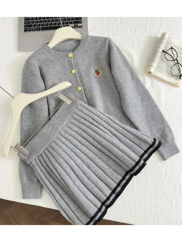 Autumn Winter Women Korean 2000s Vintage Preppy Old Money Outfits 2 Piece Set Long Sleeve Cardigan Sweater + Mini Pleated Skirts