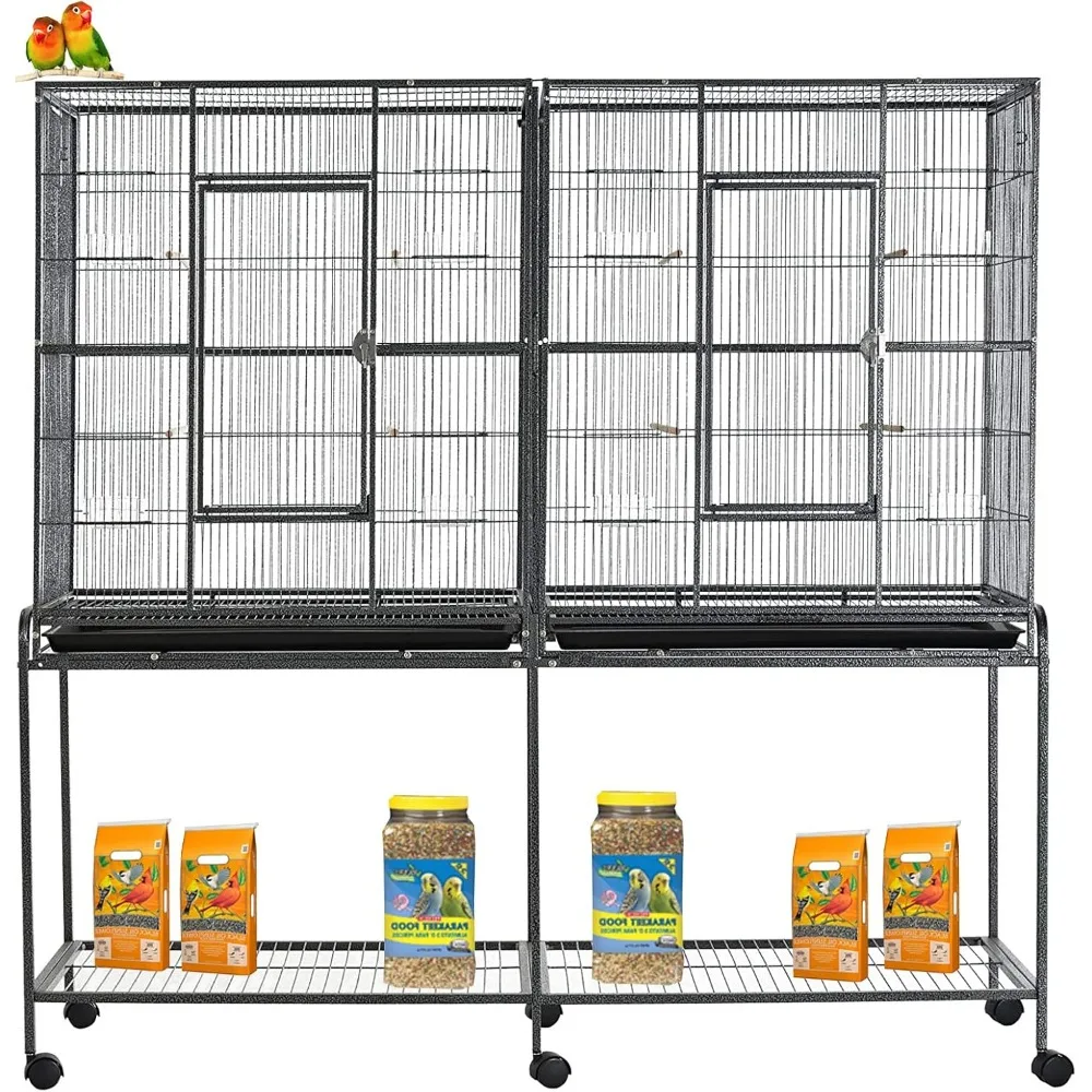 

54" Large Double Breeding Flight Bird Wrought Iron Double Parrot Bird Cage Slide Out Center Divider Side Nesting Doors Cockatiel