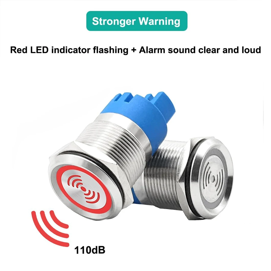 ABILKEEN 19/22MM 304 Stainless Steel Metal Buzzer ‎IP67 Waterproof Continuous/Intermittent Beep Alarm with Red Flash Lamp