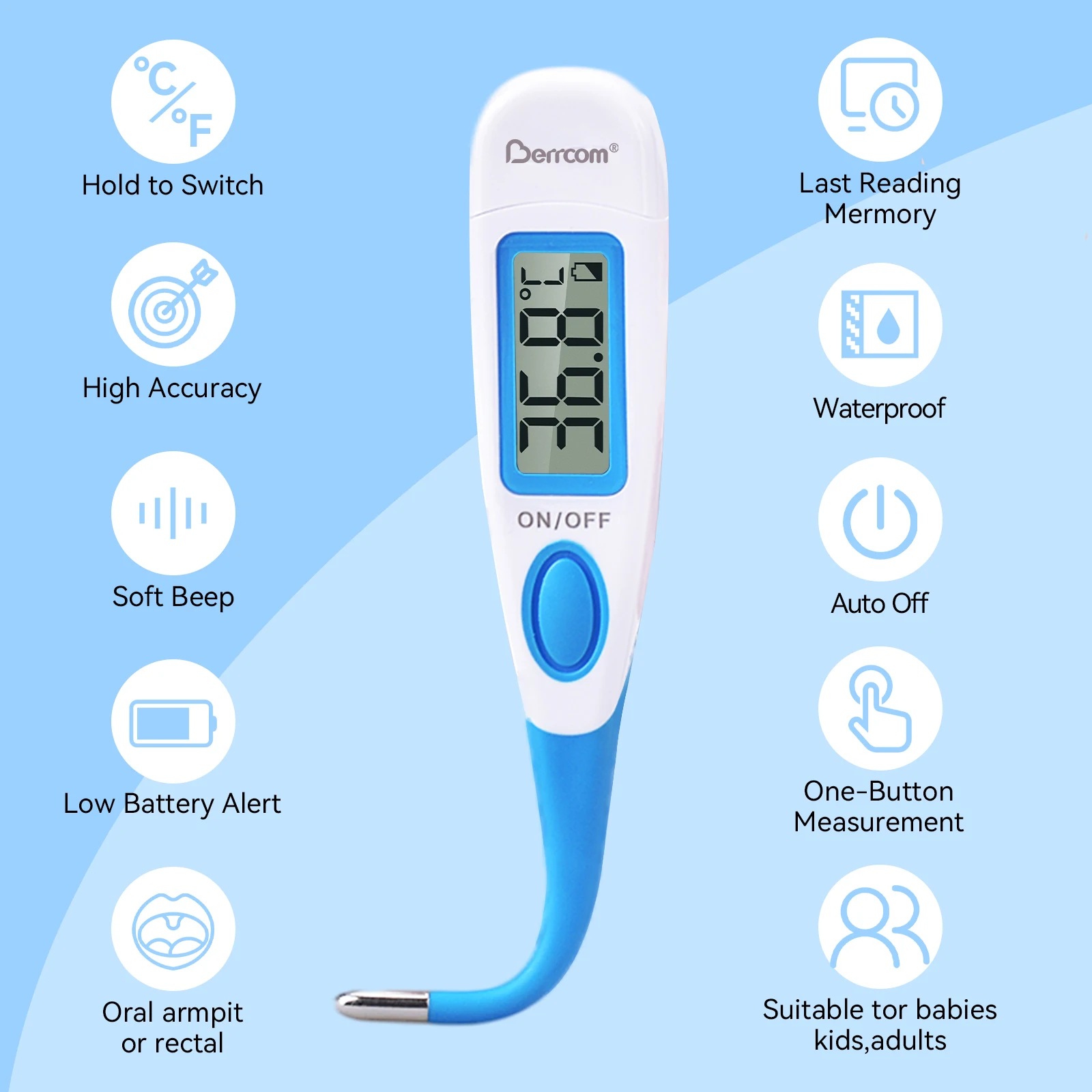 Berrcom basal pink digital body Clinical fever Medical Equipment Tools Dry thermometers for people children Waterproof soft head