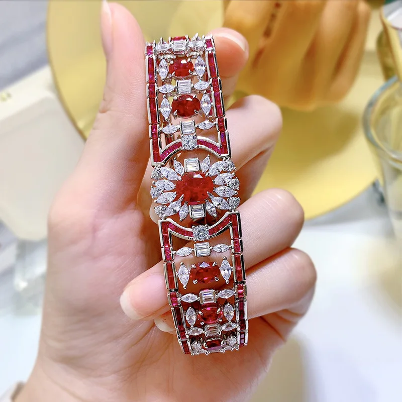 Vintage Ruby Diamond Bangle Bracelet 100% Real 925 Sterling silver Wedding Bracelets For Women Bridal Engagement Jewelry Gift