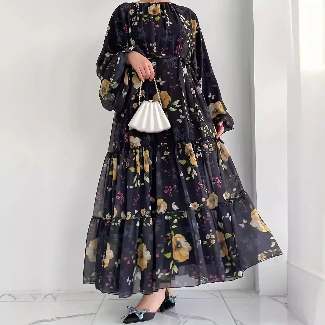 Moroccan Kaftan Abaya Women Long Robe Flower Print Dresses Sashes Eid Muslim Ramadan Dubai Saudi Jalabiya Abayas Islam Vestidos