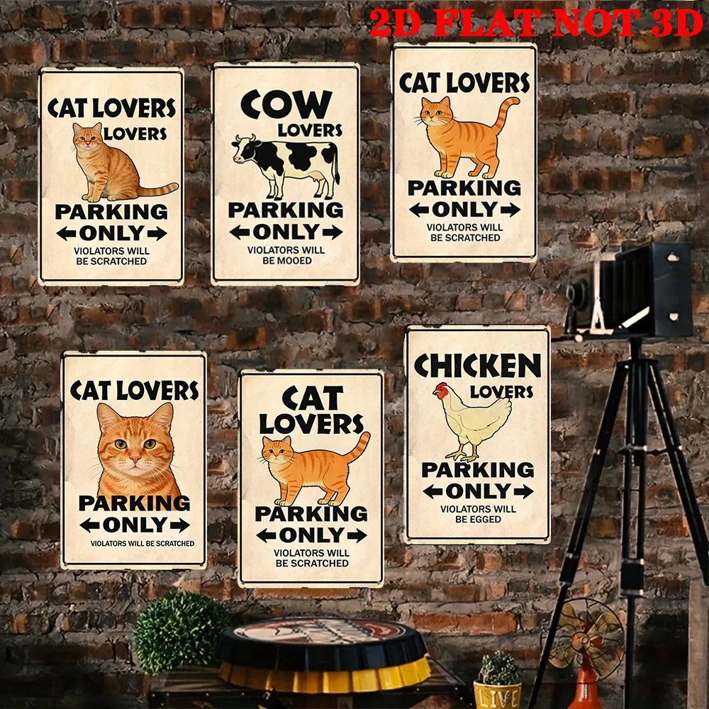 6pcs Retro-Style Metal Signs | Cat Lovers Parking Signs Set & Dustproof - for Man Cave, Office, Bar, Garage, Kitchen, Home Decor