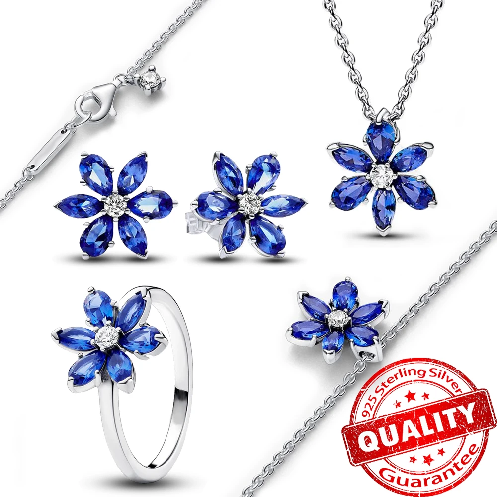 Vintage 925 Sterling Silver Blue Herbarium Pendant Necklace Earrings Ring for Women Valentine's Day Gift Luxury Jewelry Set