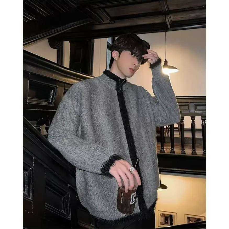 

Мужской осенне-зимний свободный крой на молнии, трикотаж с воротником-стойкой, базовый слой, американский повседневный дизайн из полиэфирного волокна