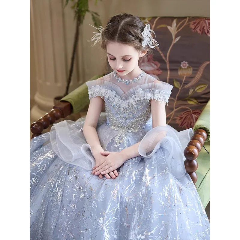 Flower Girl Wedding Party Dresses Girls Princess Dress New Trousers Gray Round Neck Gowns Shoulder Prom Birthday Gown Customized
