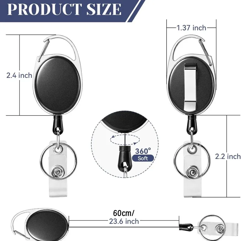 Retractable Badge Reel Holders, Metal Heavy Duty With Carabiner Belt Clip And Key Ring For ID Card Name Holder And Keychain