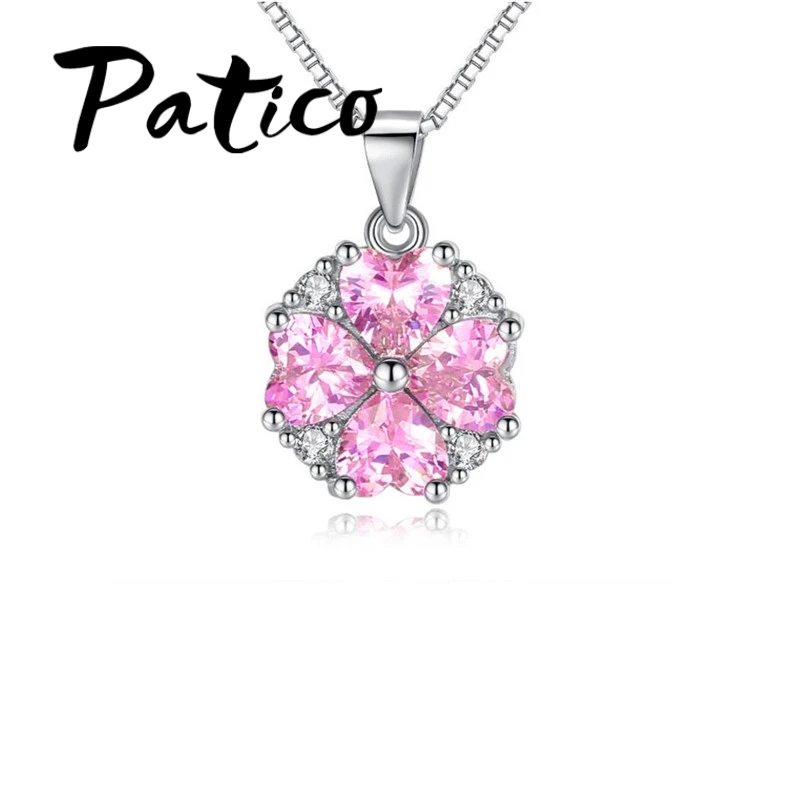 New Fashion Flower Design Pink Cubic Zirconia Necklace Pendant Genuine 925 Sterling Silver Long Necklace For Wedding Engagement
