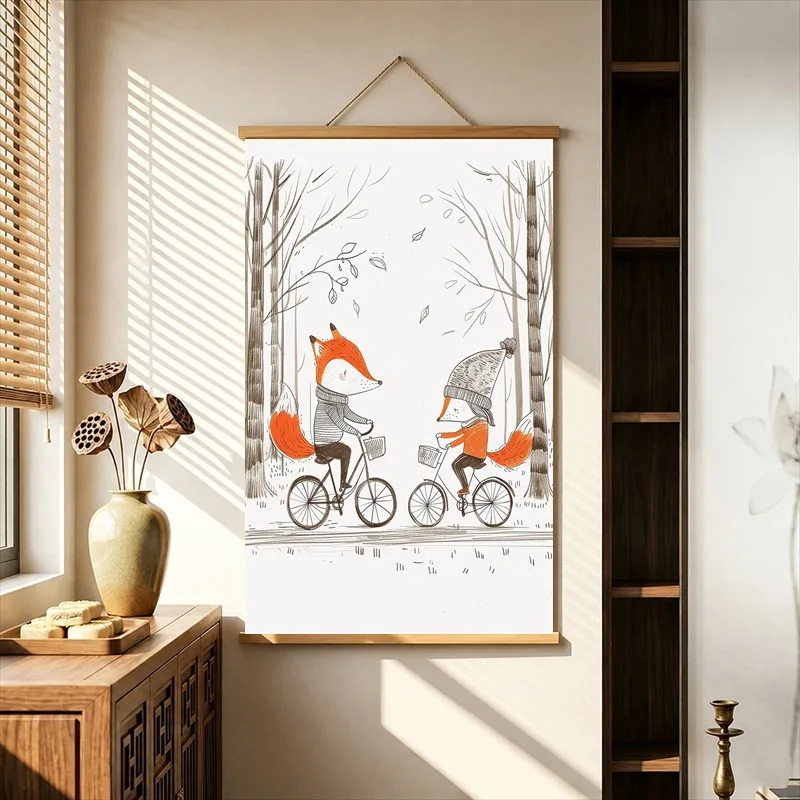 Kawaii Room Decor Fox Friends Riding Bicycles through Winter, Pearlescent Canvas Hanging Scroll for Childrens Bedroom Wall Decor