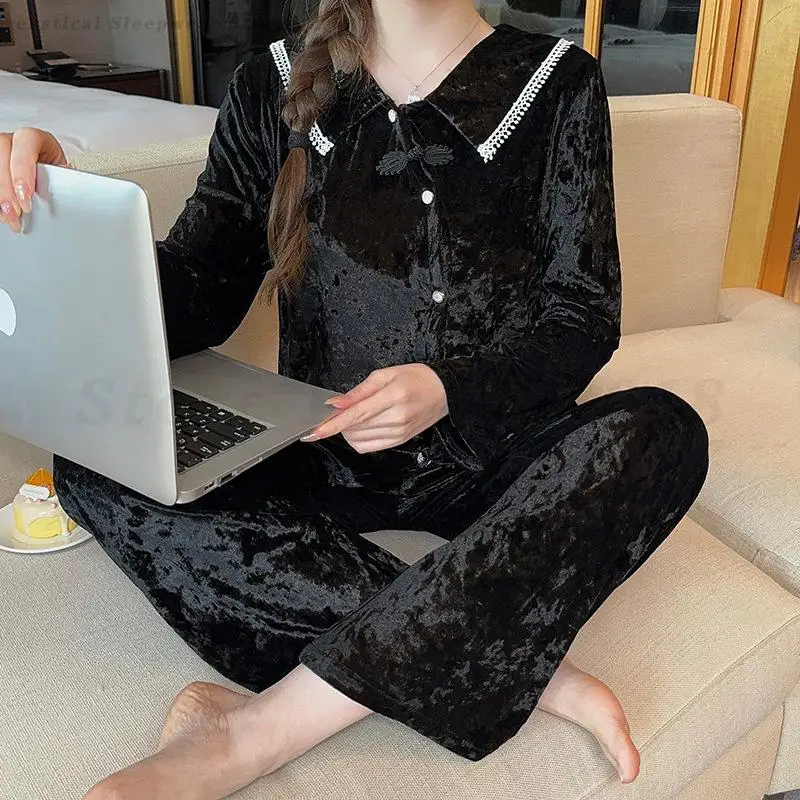 

Sweet Velevt Pajamas for Women Elegant French Style Sleepwear Autumn Winter New Long Sleeve Trouser Pijamas Suit Home Clothes