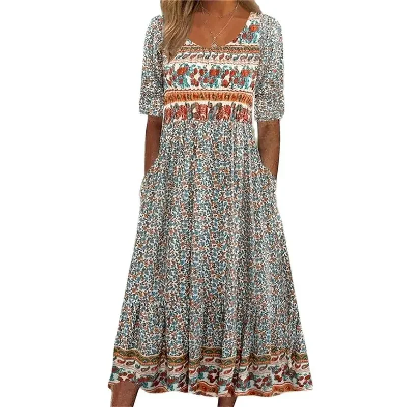 Elegante vestido estampado boêmio feminino, manga curta, plissado, bainha grande, verão, casual, feriado, fêmea, vestido longo de cintura alta, 2024