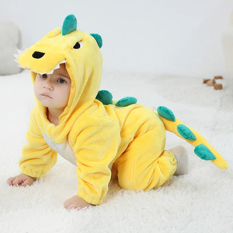 Kigurumis Lovely Dinosaur Baby Rompers Clothes Infant Boys Girls Cartoon Pajamas Baby Onesie Romper Newborn Hooded Halloween