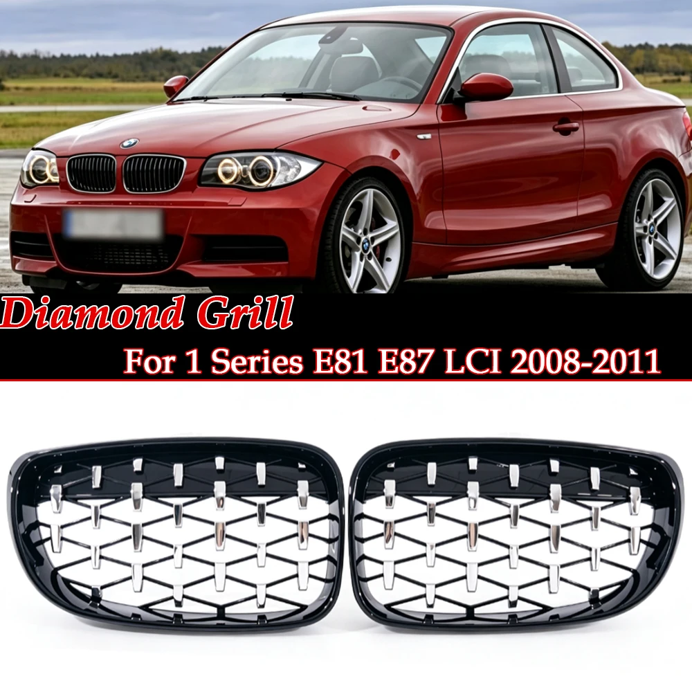 For BMW 1 Series E81 E82 E87 E88 Diamond Star Grill Chrome Silver Gloss Black Kidney Front Bumper Grille Compatible 2007-2011