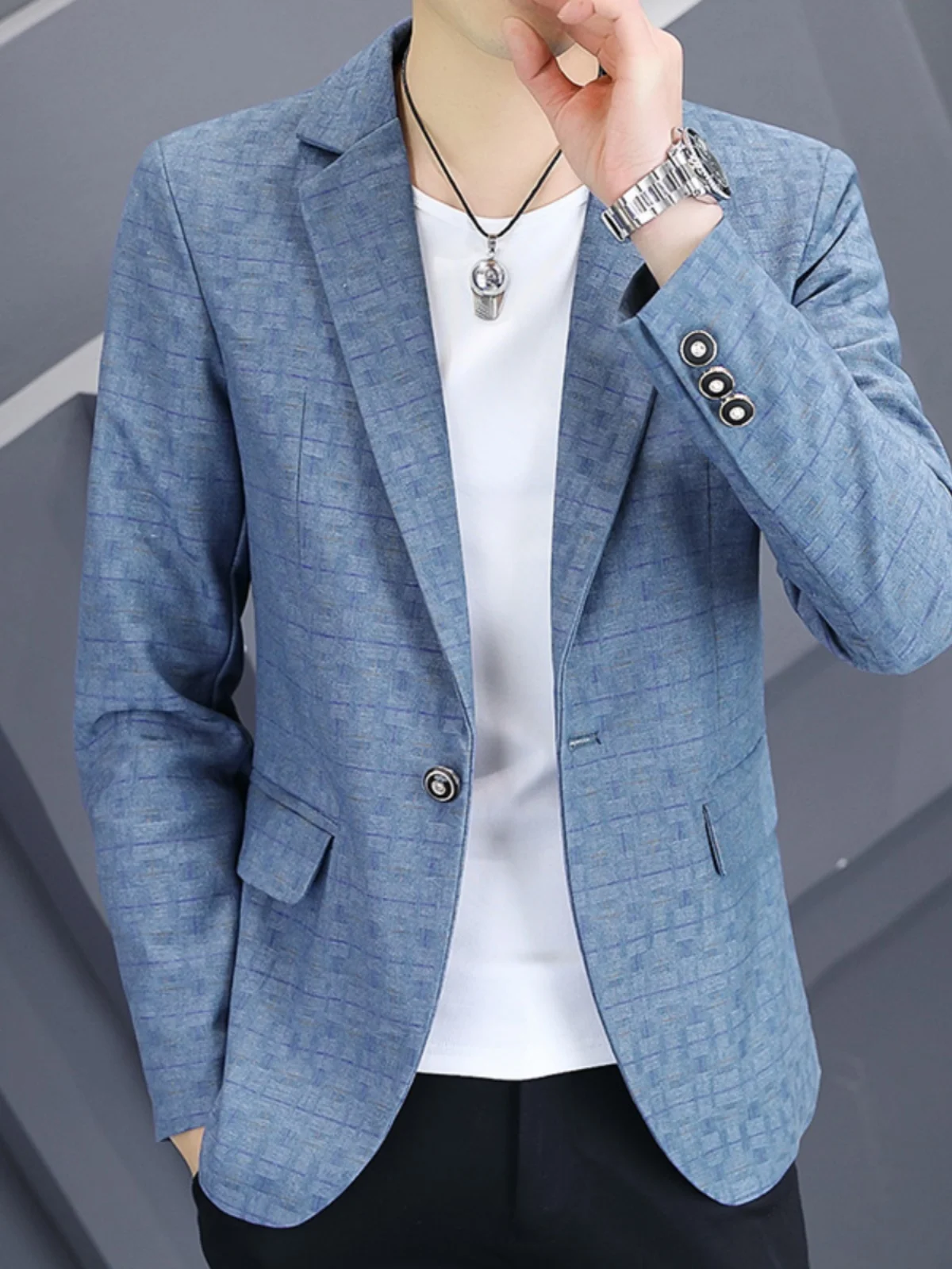 

Spring Autumn Men's Slim Fit Casual Stripe Pattern Single Piece West Coat Faionable Korean Sle Printed Outerwear Jaet