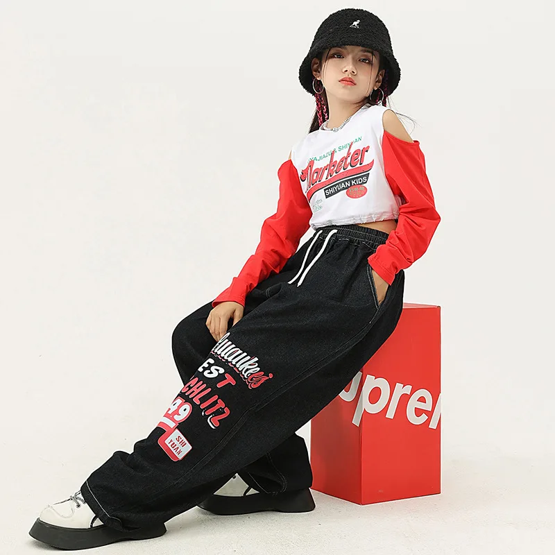 New Girls Hip Hop Dance Costumes Patchwork Off-the-shoulder Top Letter Print Jeans Kid Jazz Dance Performance Stage Rave Clothes