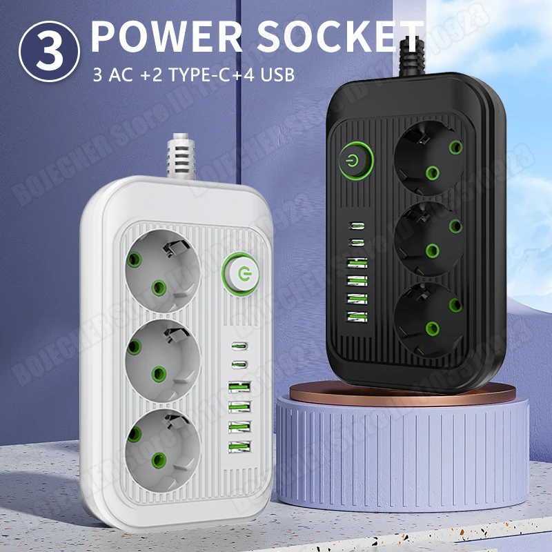 EU Plug Power Strip AC Outlet Multitap 2M Extension Cord Electrical Socket With 4USB Ports Fast Charge Multiprise Network Filter