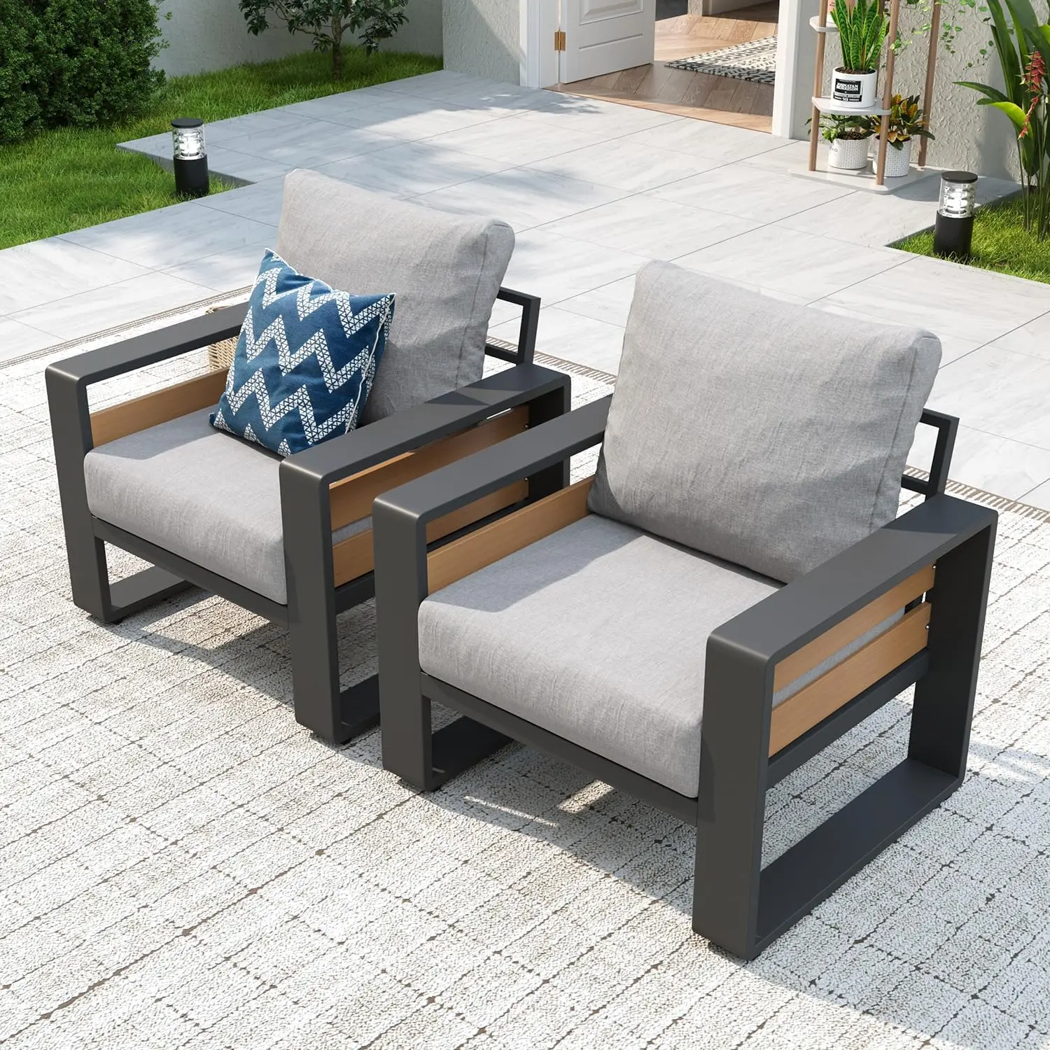 Aluminum Patio Conversation Set 2 Pieces Outdoor Sectional Sofa with 6 Inch Olefin Fabric Cushions & Matching Coffee Table Light Grey Outdoor Furniture for Backyard Porch Garden Deck