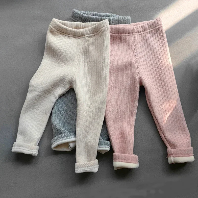 Autumn Winter Girls Pants Thickening Warm Fleece Pants For Girls Leggings Kids Baby Elasticity Slim Stripe Trousers