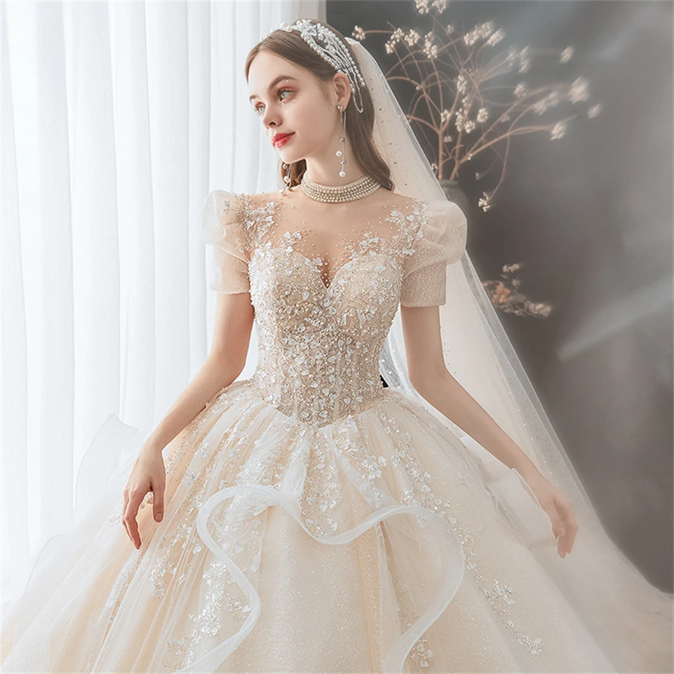 Customized Luxury High Neck Crystal Tulle Puff Sleeves Ball Gown Wedding Dresses 2024 Chapel Train Bridal Gown Vestidos De Novia