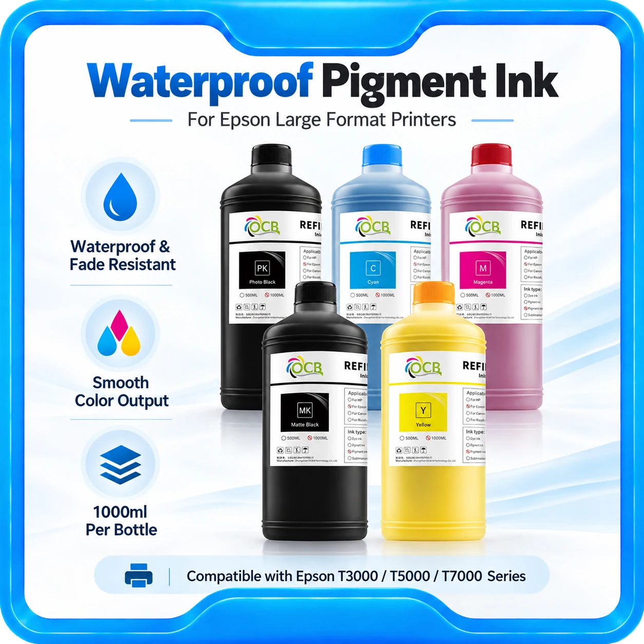 1000ML Pigment Ink for Epson T3000 T3070 T3200 T3270 T5000 T5070 T5200 T5270 T7000 T7070 T7200 T7270 7700 9700 Waterproof