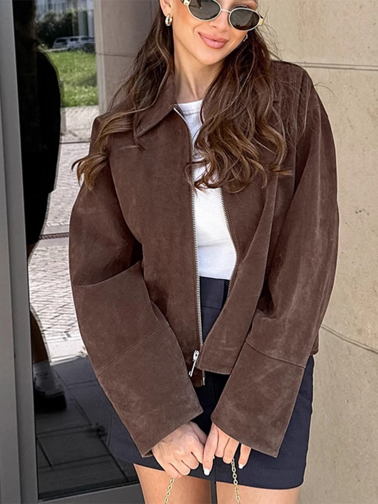 

Темно-коричневые замшевые пальто с воротником-стойкой, короткая свободная однобортная куртка на молнии с длинными рукавами, осенняя мода 2024, новое пальто