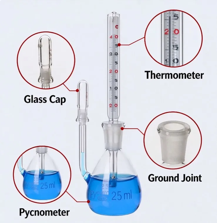 Attached temperature specific gravity bottle, density bottle 25ml, 50ml, specific gravity bottle with thermometer, glass band th