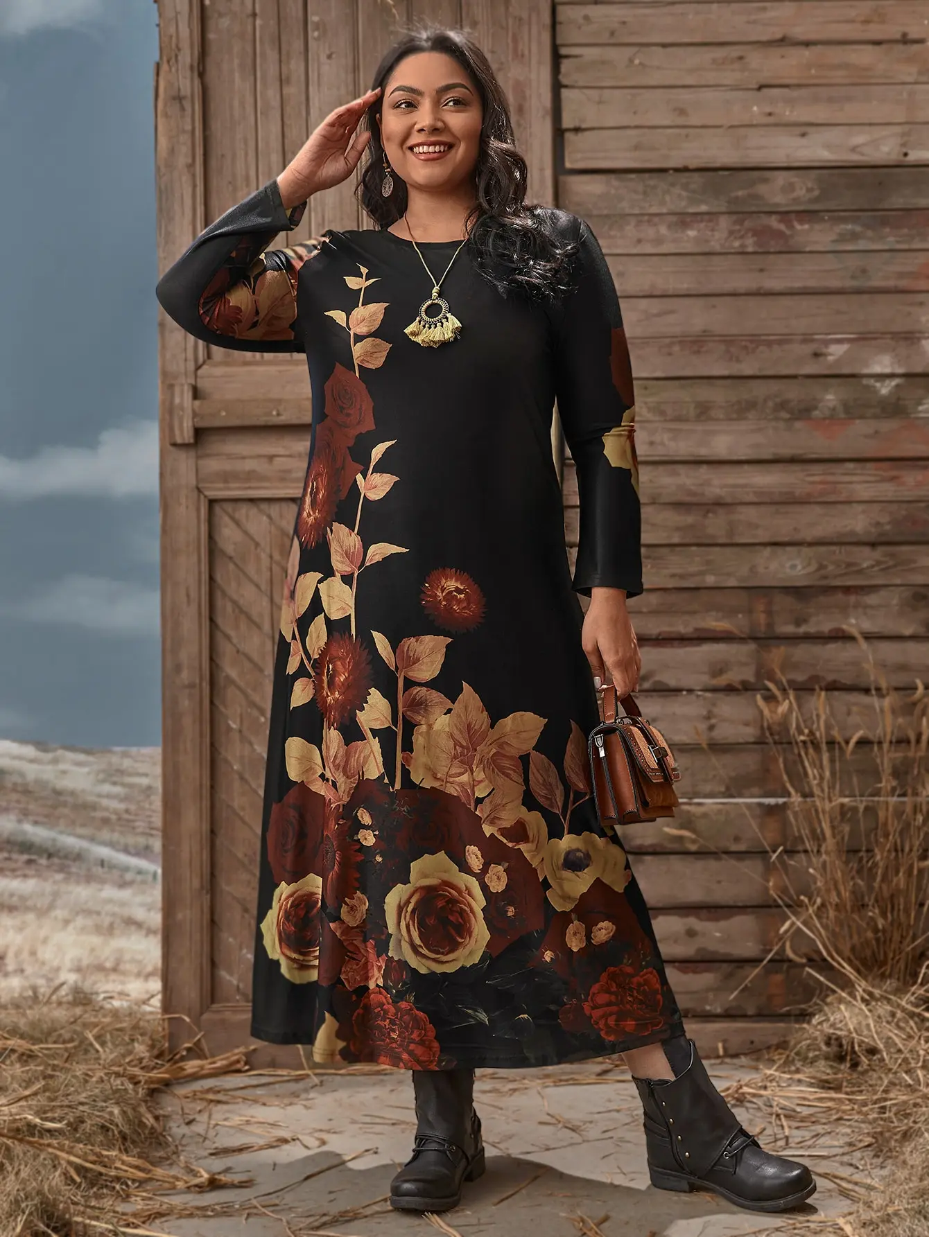 2024 Autumn Winter Woman Long Sleeve Dress Floral Print Casual Dress Loose Plus Size Smocked Maxi Women Clothing