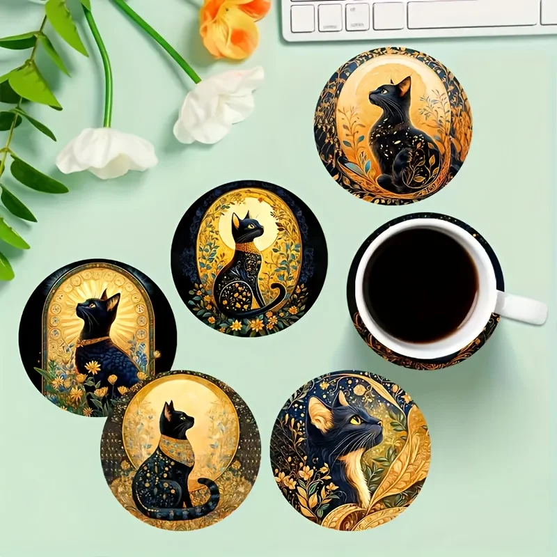 2D 6pcs Cat Pattern Wooden Coasters Hand Washable Suitable for Home Bars Offices Various Parties No Electricity Required