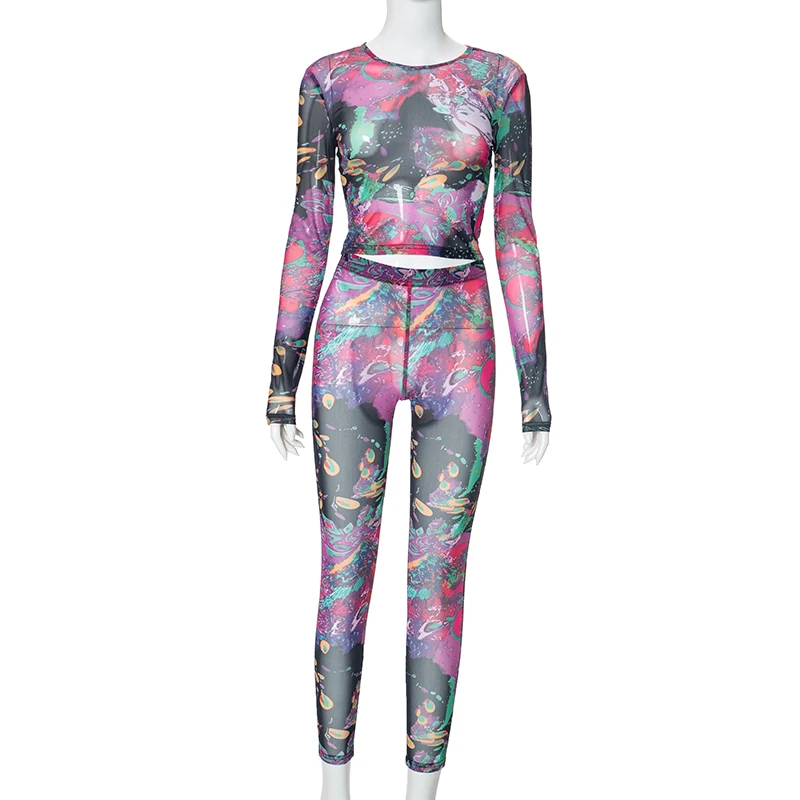 Two Piece Set Women Printed Tracksuits Sexy Long Sleeve Crop Top+High Waist Pencil Pants Outfits 2024 Summer Y2K Clothes