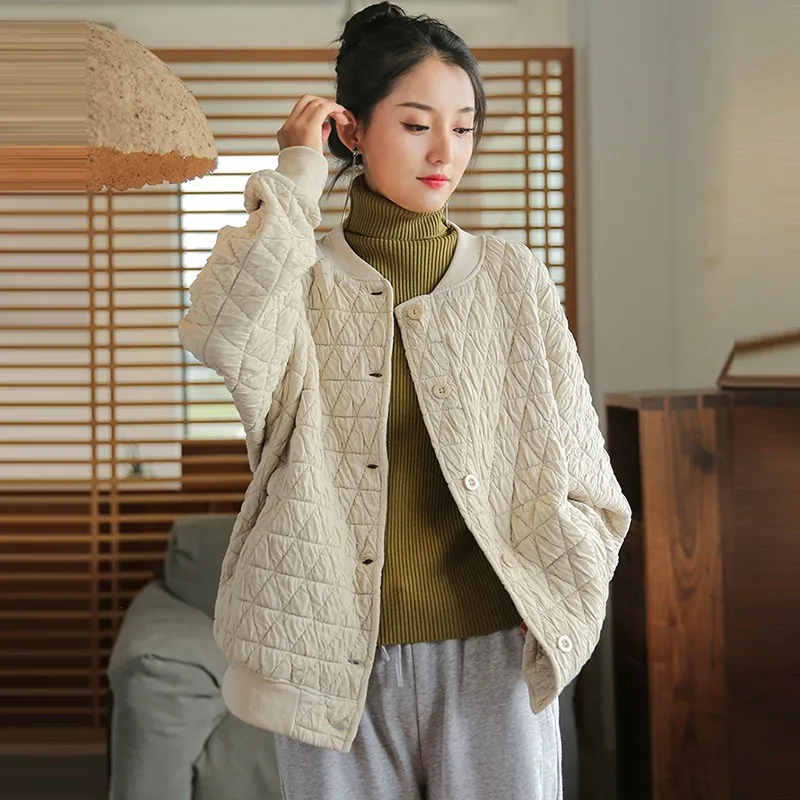 High Quality Women Casual Quilted Coats New 2024 Autumn Vintage Style Solid Color Loose Female Cotton Basics Jackets M100