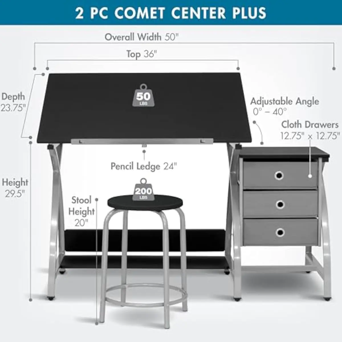 2-Piece Comet Center Plus Drafting Table Set with Tilting 36-Inch Work Surface Adjustable to 40 Degrees Pencil Ledge Side Shelf