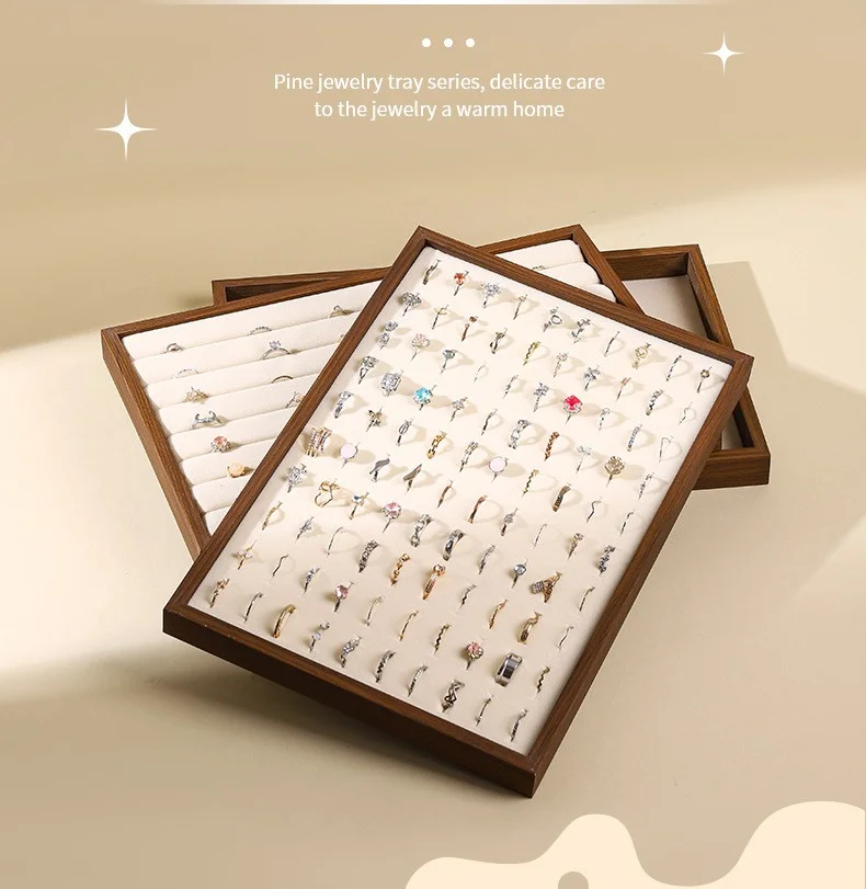 Walnut Wood Jewelry Display Tray with Velvet Lining,Ring Necklace Bracelet Stackable Organizer,for Counter Storage & Trade Show