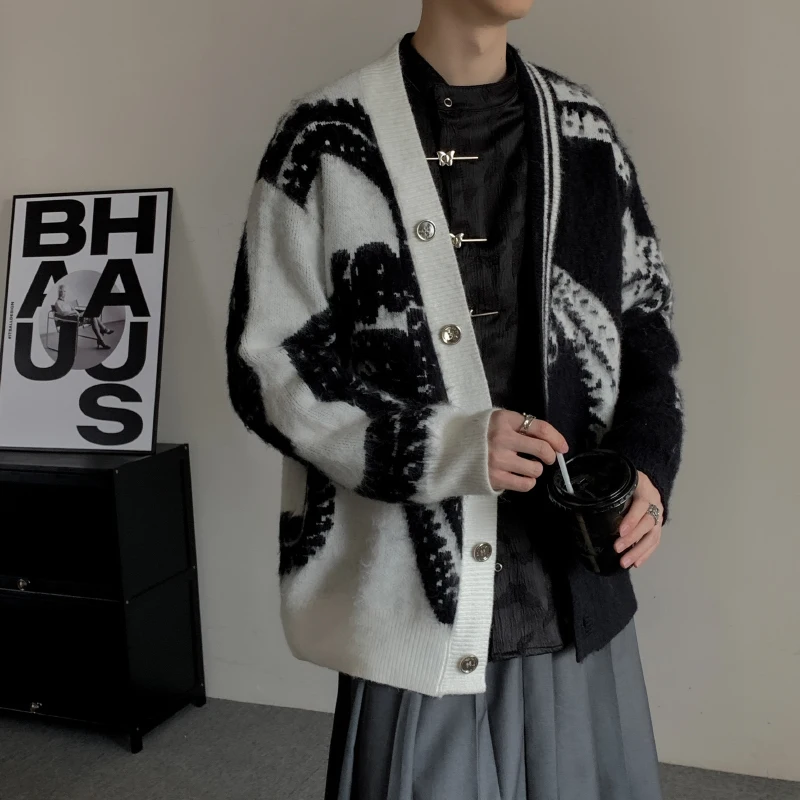 WVGA ربيع الخريف جديد الرجال المد المتضخم ياماموتو نمط محبوك البلوزات المتخصصة شيك سترة غير رسمية الخامس الرقبة معاطف Ins Y2K W16238 #5