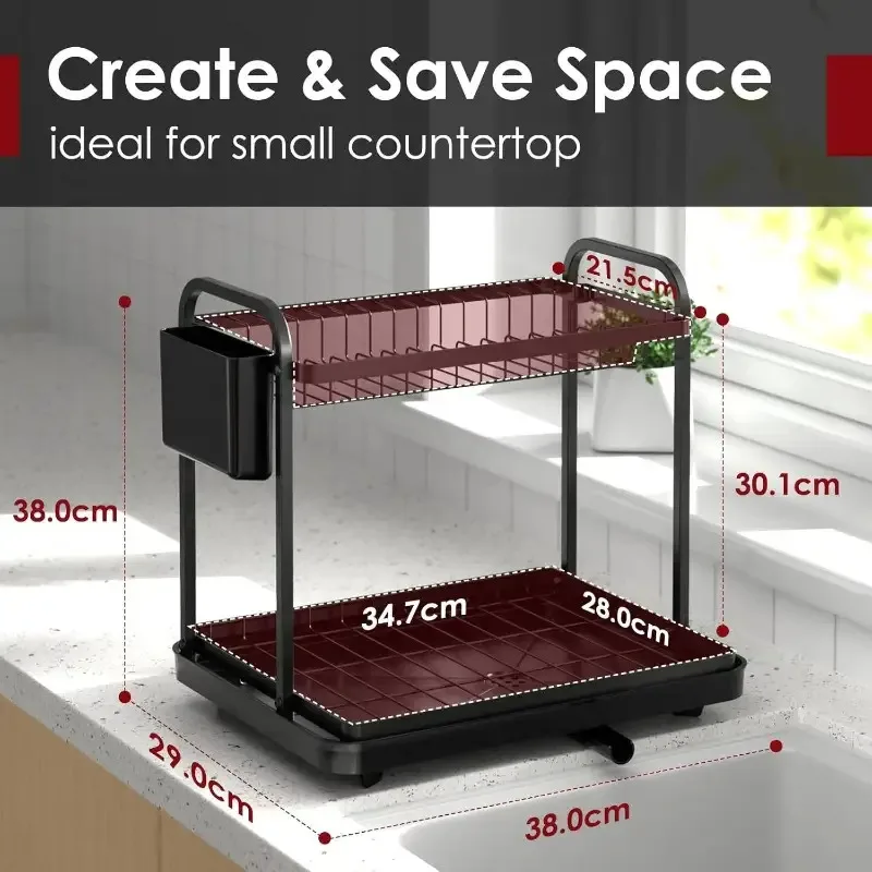 Large Black Stainless Steel Dish Drying Rack with Drainboard & Cutlery Holder, 2-Tier Space-Saving Countertop Dish Organizer