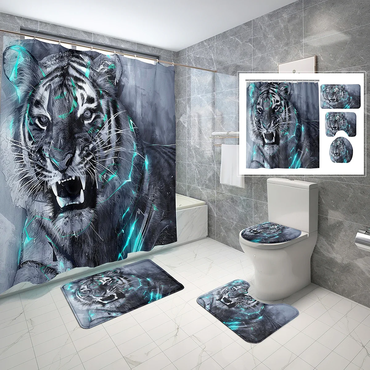 4 Pcs Cartoon Tiger Shower Curtain Sets Fantasy Creative Creature Non-Slip Bath Mat Toilet Cover Waterproof Shower Curtain Set