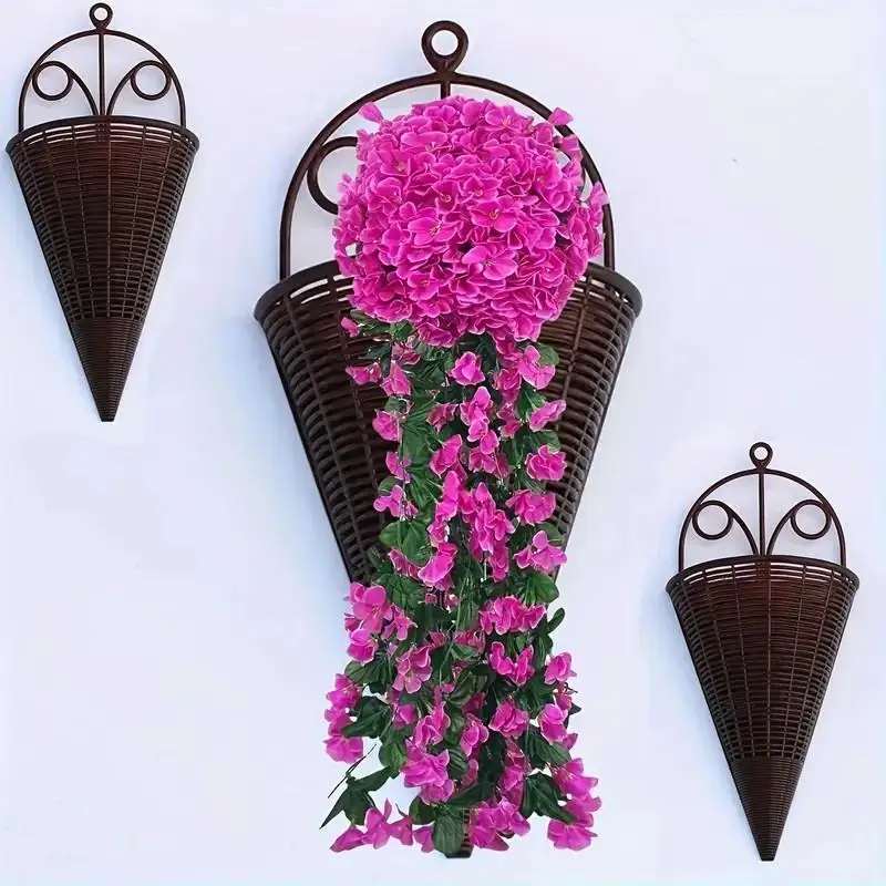 Brown Wall Hanging Cone Planters Imitation Rattan Weave Vintage Design For Indoor Outdoor Floral Decor-New