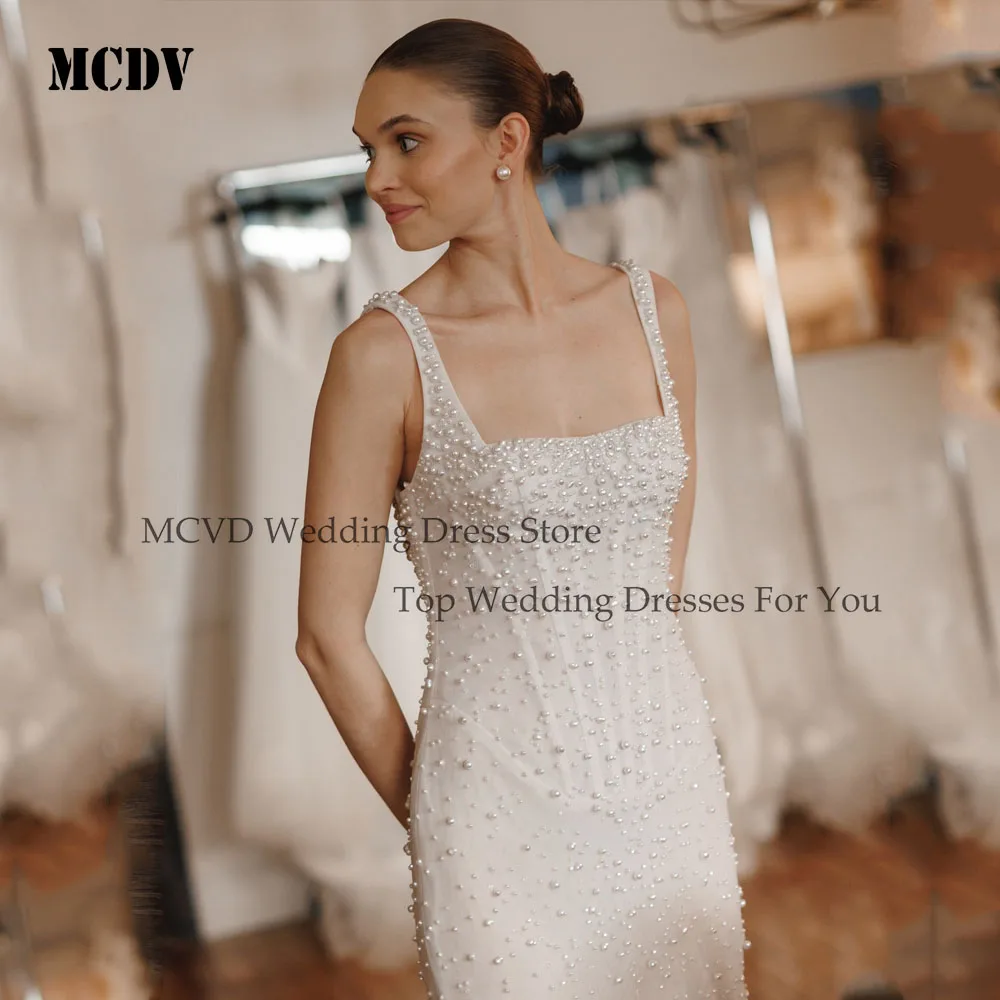 MCDV Beading Mermaid Bride Dress Spaghetti Straps Backless Luxuries Wedding Dress Bridal Sweep Train Party Dress Customized