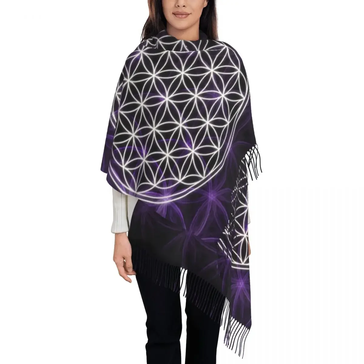 Flower Of Life Sacred Geometry Tassel Scarf Women Soft Geometric Pattern Mandala Shawl Wrap Ladies Winter Fall Scarves