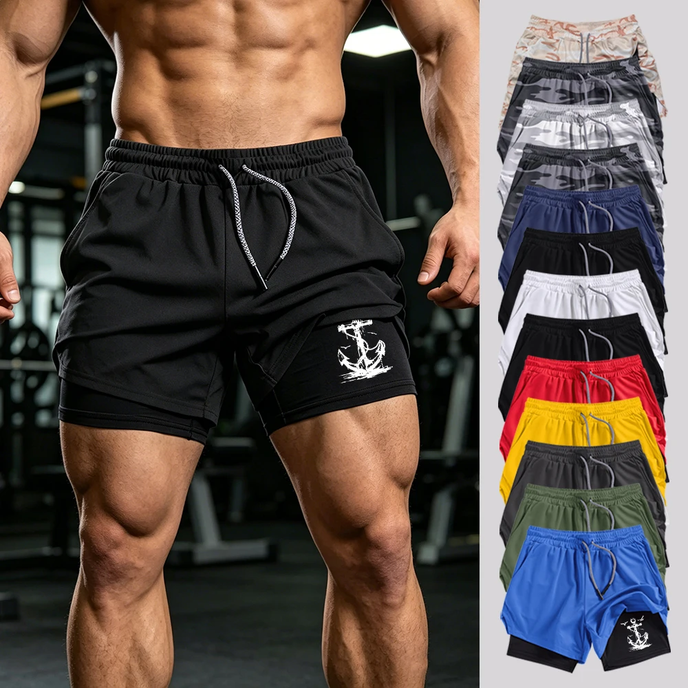 

Men's Double Layer Running Shorts Quick Dry Compression Lined Athletic Shorts with Phone Pockets Nautical Anchor Graphic Print