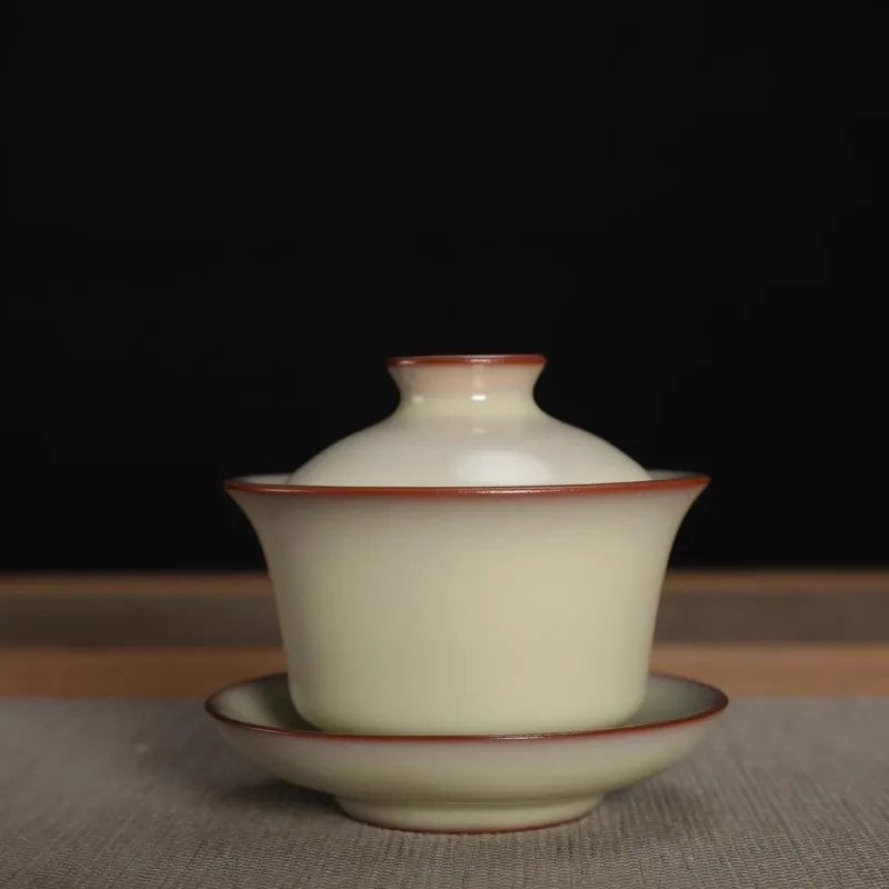 Ge Kiln Celadon Jin Lian, cuenco cubierto de gelatina de manteca hecho a mano, juego de té Gongfu de cerámica sin grietas con esmalte Beige, Tureen grande