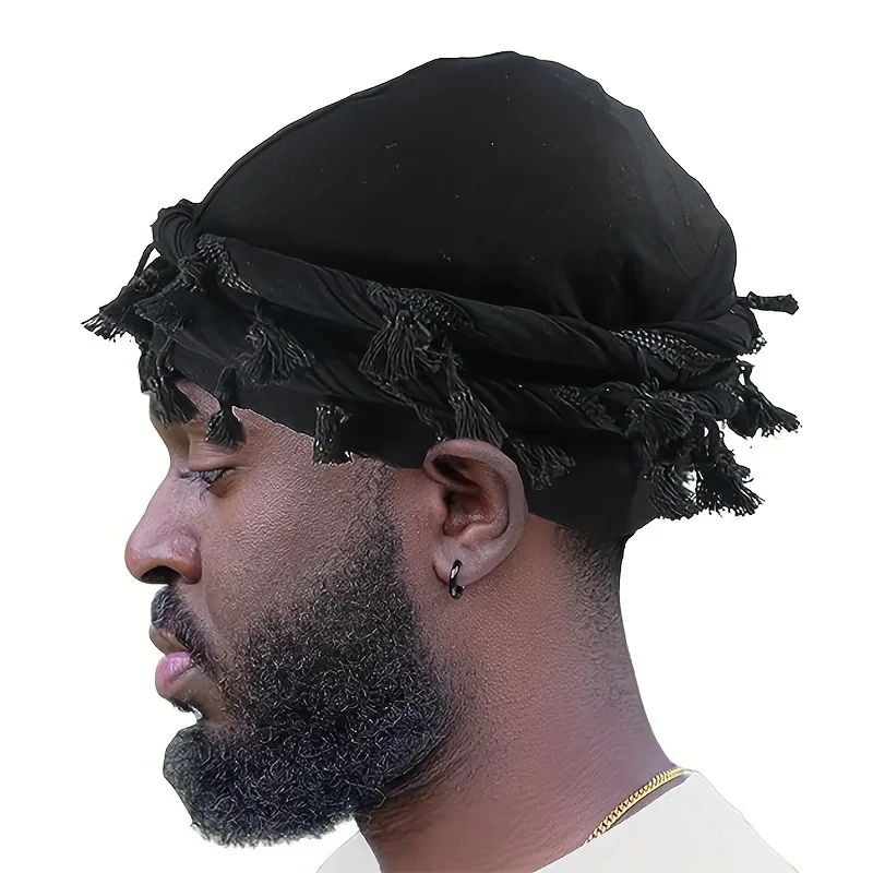 Men Hat Punk Burr Trim Twisted Tail Fringe Cotton Bandana Hat Hop Turban Hats Head Wrap Beanie Cap Solid Color Docker Hat