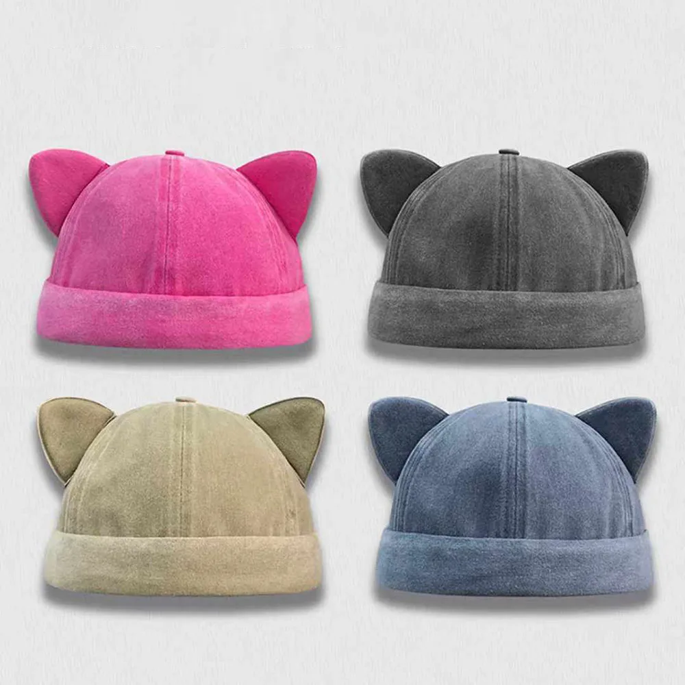 New Cute Cat Ears Melon Skin Cap Women Adjustable Fashion Versatile Brimless Dome Landlord Hat Men Denim Hip Hop Beanie Caps