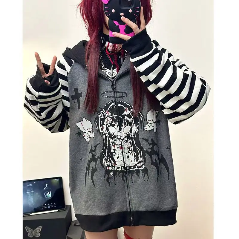 Japanese Subculture Demon Printed Hoodies Fashion Punk Style Striped Long-sleeved Hoodie Women Oversized Loose Cosplay Clothing