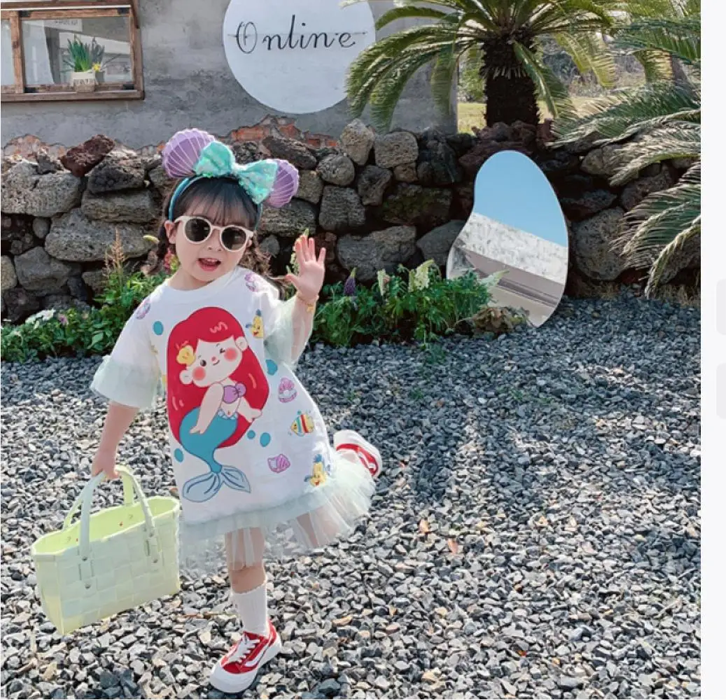 ديزني فروزن الأميرة إلسا تنورة الصيف الفتيات أزياء شبكة الكرتون اللباس الطفل ميدي قصيرة الأكمام تي شيرت